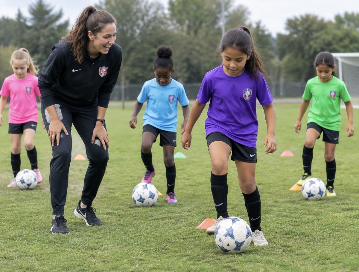 Coach encouraging girls during a football drill