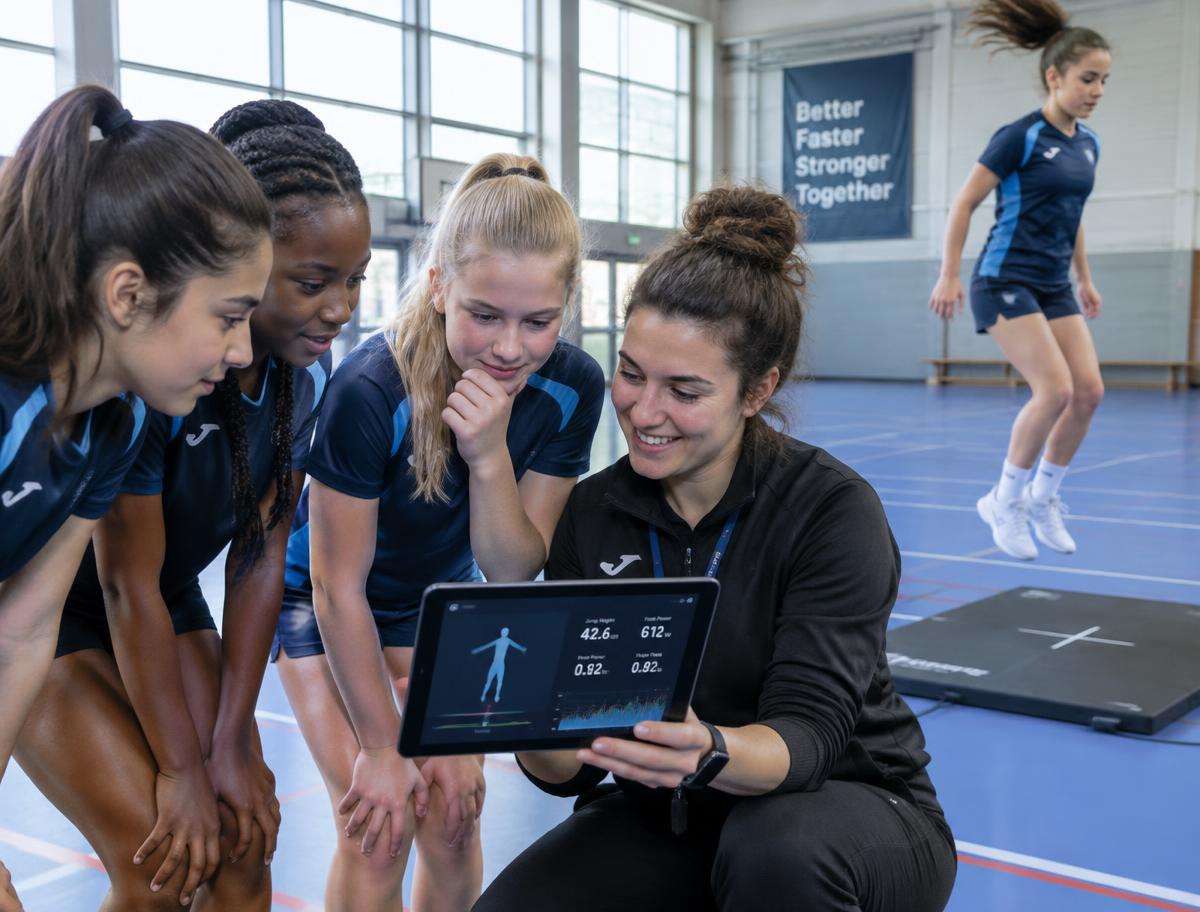 Girls exploring movement data on a tablet with their coach