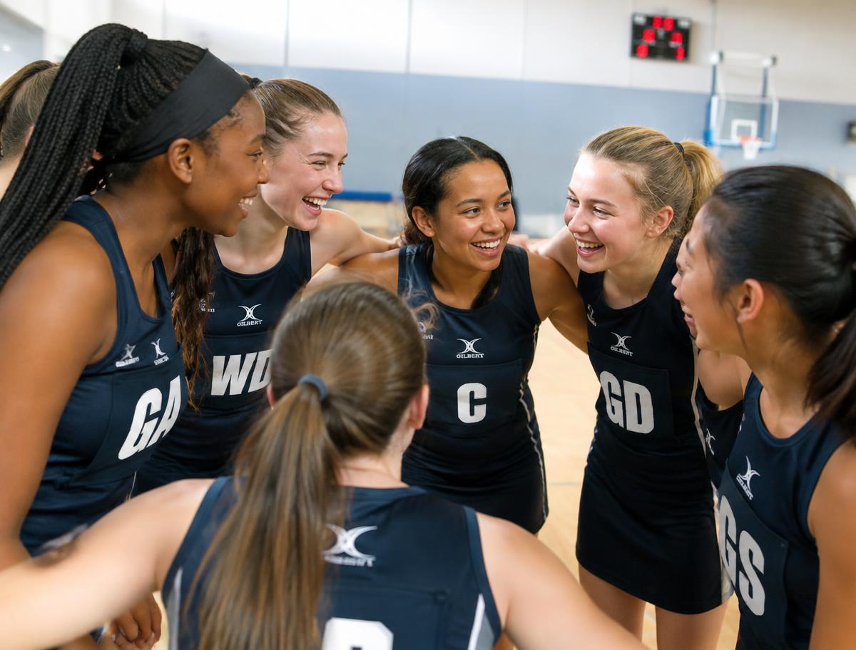 Netball team laughing together in a huddle